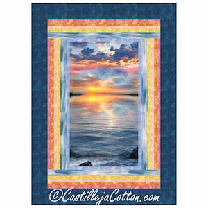 May include: A framed fabric art piece featuring a sunset over water. The central image shows a vibrant sunset reflected in the water, framed by colorful stripes and a dark blue border. The text "CastillejaCotton.com" is at the bottom.
