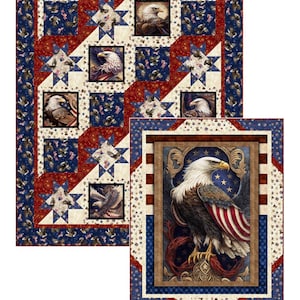 May include: A quilt pattern featuring a red, white, and blue American flag design with an eagle. The pattern is called "American Spirit" and is available from Pine Tree Country Quilts. The text "PO Box 343, Stillwater, ME 04489 (207) 827-3876" and "www.pinetreecountryquilts.com" are also included.