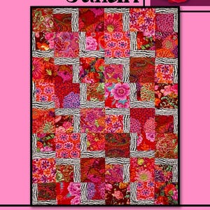 May include: A quilt pattern called "San Julian" by Villa Rosa Designs. The quilt features a patchwork design with a variety of floral fabrics in shades of red, pink, and white. The quilt is surrounded by a border of pink roses.