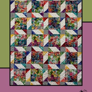 May include: A quilt pattern called "Around The Town" by Tamara Cook for Villa Rosa Designs. The quilt features a colorful patchwork design with black and white stripes.