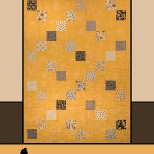May include: A handmade quilt with a yellow background and a patchwork design. The quilt features squares in various patterns and colors, including floral and geometric prints. The text "Bee Charming" is at the top, with "Melissa Milligan for Villa Rosa Designs" at the bottom.