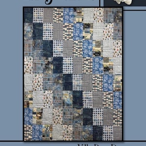 May include: A patchwork quilt with a variety of blue, gray, and white patterned squares. The quilt features floral, grid, and abstract designs. The words "Lady Banks" and "Villa Rosa Designs" are displayed. A white flower is in the upper right corner.