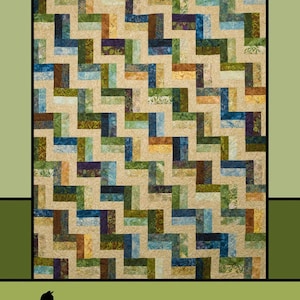 May include: A quilt with a geometric pattern in shades of beige, blue, green, and brown. The quilt features a rail fence design. The text "Rail Fence" is at the top, and the text "Melissa Milligan for Villa Rosa Designs" is at the bottom.