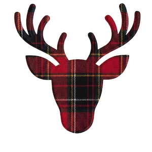 May include: A deer head silhouette with a red, black, and yellow plaid pattern. The antlers are black. The design is a festive, seasonal decoration, perfect for holiday crafts or decor.