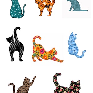 Pode incluir: Uma coleção de oito remendos de tecido em forma de gato com vários padrões, incluindo azul-petróleo com estrelas, laranja com motivos de Halloween, azul com estampas florais, preto com bolinhas brancas, estampa de leopardo e preto com flores rosas e brancas.