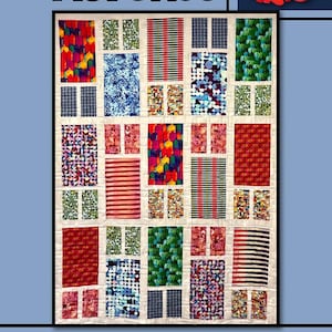 May include: A colorful quilt pattern called "Florence" by Villa Rosa Designs. The quilt features a grid of squares with different geometric patterns in shades of red, blue, green, and white.