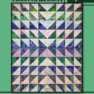 May include: A colorful quilt with a geometric pattern of triangles in shades of green, blue, purple, and pink. The quilt is framed in black and features the text "Illumination" and "Villa Rosa Designs". A pink rose is in the upper right corner.