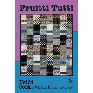 Puede incluir: Un patrón de colcha llamado "Frutti Tutti" de Heidi Cook para Villa Rosa Designs. La colcha presenta un diseño de patchwork con telas negras, blancas y grises con varios patrones, incluyendo lunares, rayas e estampados florales.