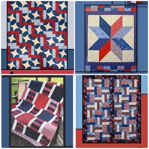 May include: A collage of four patriotic quilts. The quilts display red, white, and blue colours and star patterns. One quilt has a star design, another a staircase pattern, and the other two have patchwork designs.