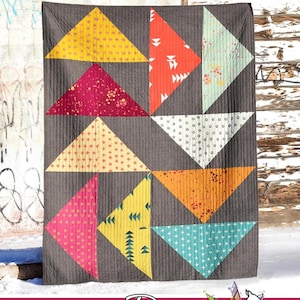 May include: A gray quilt with a geometric design featuring colorful triangles. The triangles are in shades of yellow, pink, orange, and teal, with various patterns. The text "LAZY GOOSE" is at the top, and "Running Doe Quilts" is at the bottom.