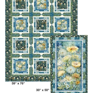 May include: A floral quilt with a repeating square pattern, featuring blue, white, and yellow flowers. The quilt is 150 cm by 193 cm, with a smaller 76 cm by 127 cm version. The text "Floral Whisper" is at the top.