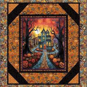 May include: A Halloween quilt with a central image of a haunted house, jack-o'-lanterns, and a cobblestone path. The house is teal with lit windows, set against a sunset sky. The quilt has a black border with orange pumpkin and Halloween-themed fabric.