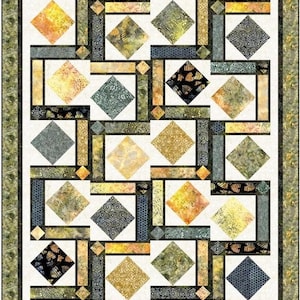 May include: A quilt pattern with a geometric design featuring squares and rectangles in shades of green, brown, and yellow. The quilt is made with a variety of fabrics with different patterns, including a butterfly print.