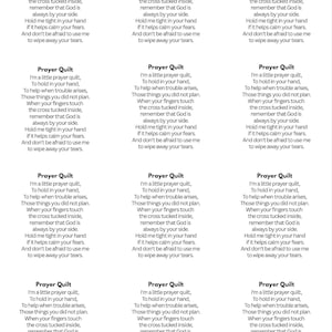 Può includere: Diverse schede bianche con il testo "Prayer Quilt" e una poesia. La poesia inizia con "I'm a little prayer quilt, To hold in your hand..." ed è ripetuta su ogni scheda. Le schede sono disposte a griglia.