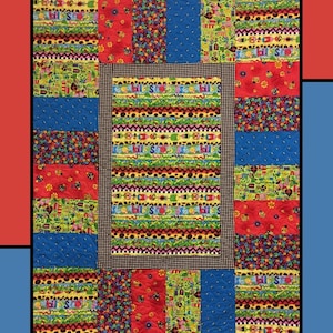 May include: A colorful quilt with the text "Eazy Piezy" at the top. The quilt features various patterned fabric blocks in red, blue, green, and yellow, with a black and white dotted border. The bottom of the image reads "Tamara Cook for Villa Rosa Designs."