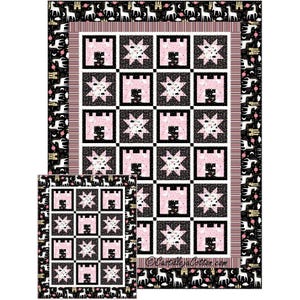 May include: A pink and black quilt with a castle and star pattern. The quilt features a repeating pattern of pink castles and white stars on a black background. The border has a repeating pattern of white deer and castles.