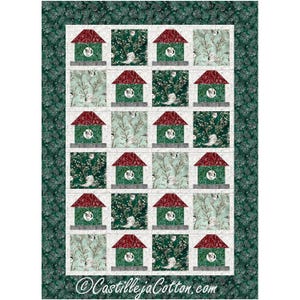 May include: A quilt pattern featuring a repeating design of birdhouses with red roofs and green bases. The birdhouses are set against a background of white and green branches with white birds. The border of the quilt is a dark green with a floral pattern. The text "CastillejaCotton.com" is at the bottom of the quilt.