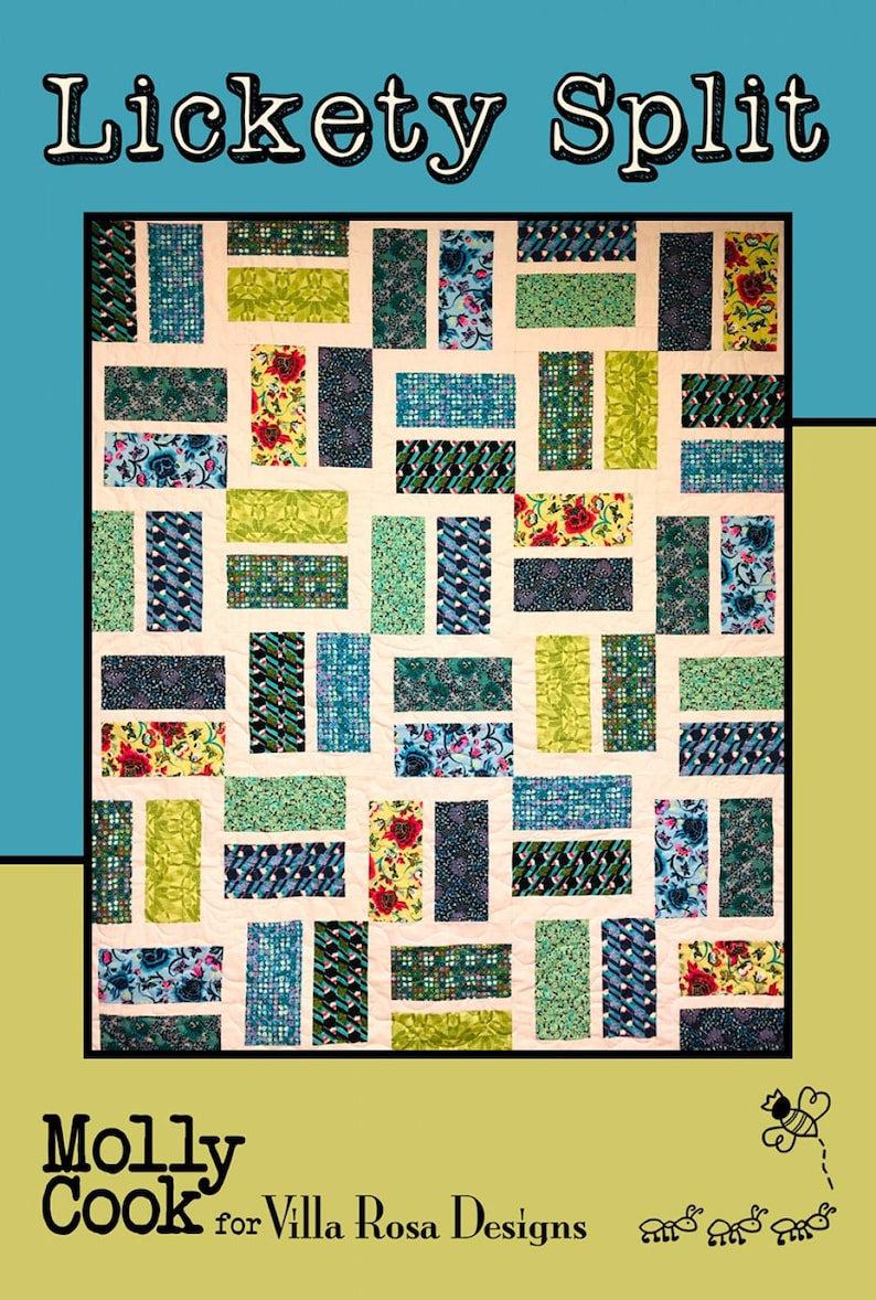 Pu&ograve; includere: Un modello di trapunta chiamato "Lickety Split" di Molly Cook per Villa Rosa Designs. La trapunta presenta un design a patchwork con varie tonalit&agrave; di blu, verde e giallo.