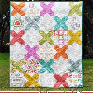 May include: A colorful quilt with cross-stitch designs in various colors, including orange, pink, and teal. The quilt features inspirational text blocks and is displayed outdoors on grass. The words "Cross Stitched" are at the top.
