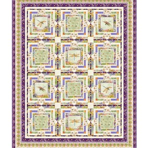May include: A quilt pattern with a framed design featuring multiple dragonflies in a green, purple, and white color scheme. The quilt is titled "Framed Fliers" and is made by Pine Tree Country Quilts. The text "PO Box 343, Stillwater, ME 04489 (207) 827-3876" is also included.