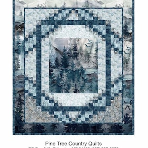 May include: A quilt pattern design featuring a split scene of a wintery forest with a blue and white color scheme. The text "Split Scene" is at the top of the image. The text "Pine Tree Country Quilts" is at the bottom of the image, along with the company's contact information and website address.
