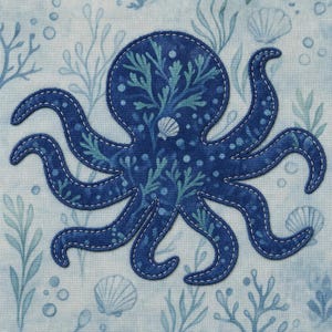 Puede incluir: Una aplicación de tela de un pulpo azul oscuro con un patrón de coral y conchas azul claro, con contornos cosidos en blanco. El pulpo está centrado sobre una tela de fondo azul claro estampada con un patrón repetitivo de plantas marinas.