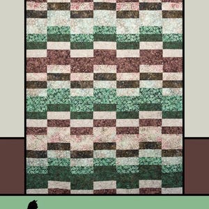 May include: A quilt pattern named "Cobblestones" with a repeating block design. The blocks feature various floral and patterned fabrics in shades of green, brown, and cream. The designer's name, Melissa Milligan, is also displayed.