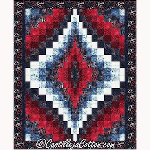 May include: A quilt with a diamond pattern in shades of red, white, and blue. The quilt is made of patchwork squares and has a dark blue border.
