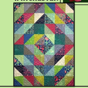 May include: A colorful quilt pattern called "Winchester" by Villa Rosa Designs. The quilt is made up of a variety of bright colors and patterns, including pink, green, blue, and yellow. The quilt is quilted with a swirling pattern.