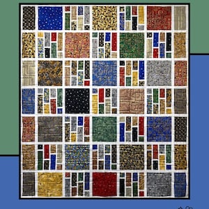 May include: A colorful quilt with a patchwork design, featuring squares and rectangles in various patterns and colors, including gold, blue, red, and green. The word "Grated" is at the top, and the text "Heidi Cook for Villa Rosa Designs" is at the bottom.
