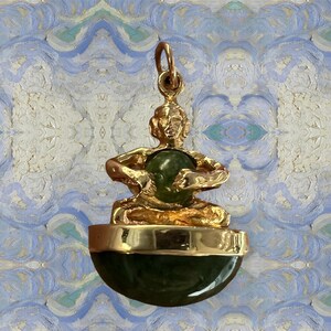 14k gold and green jade Buddha pendant