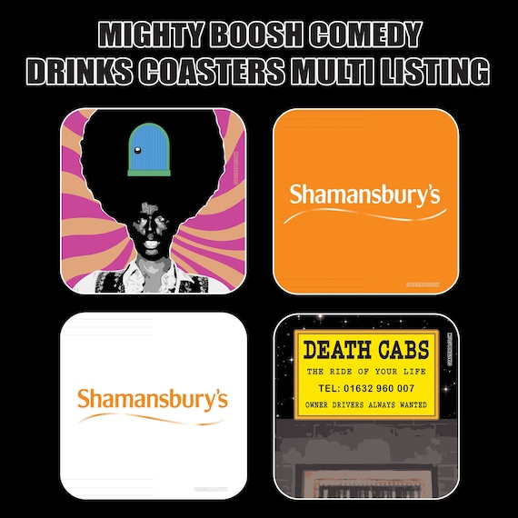 MIGHTY BOOSH "cork back" Coasters - Hot Drinks / Bar Mat - Choose yours / Hardboard / Gloss Finish - Original unofficial TV themed designs