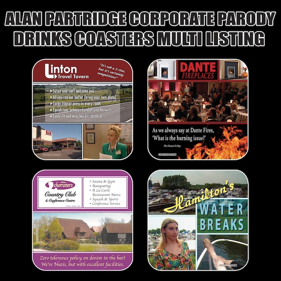 ALAN PARTRIDGE "cork back" Coasters - Hot Drinks / Bar Mat  - Choose yours / Hardboard / Gloss Finish - Corporate comedy TV themed designs