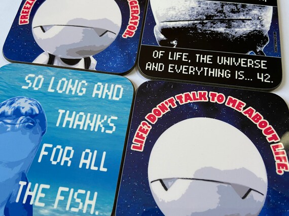 HITCHHIKER'S GUIDE "raw back" Coasters - Hot Drinks / Bar Mat - Choose / Hardboard / Gloss Finish - Original unofficial movie themed designs