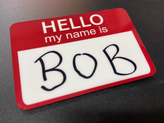 HELLO my name is BOB - Beetlejuice - Staff Name Badge - Novelty / Fancy Dress  - Choose yours / Plastic / Gloss Finish - Comedy film design