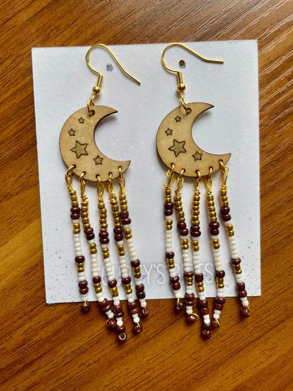 Wood Moon Earrings | Beaded Fringe Dangle Boho Jewelry