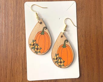 Hand-Painted Wooden Pumpkin Sunflower Earrings: Rustic Fall Jewelry