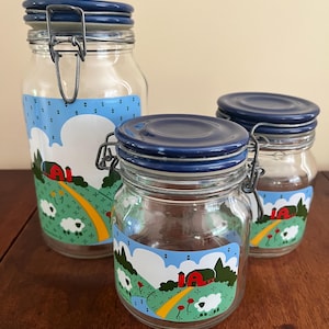 3 Anchor Hocking 1982 Nina Farm Scene Glass Canisters
