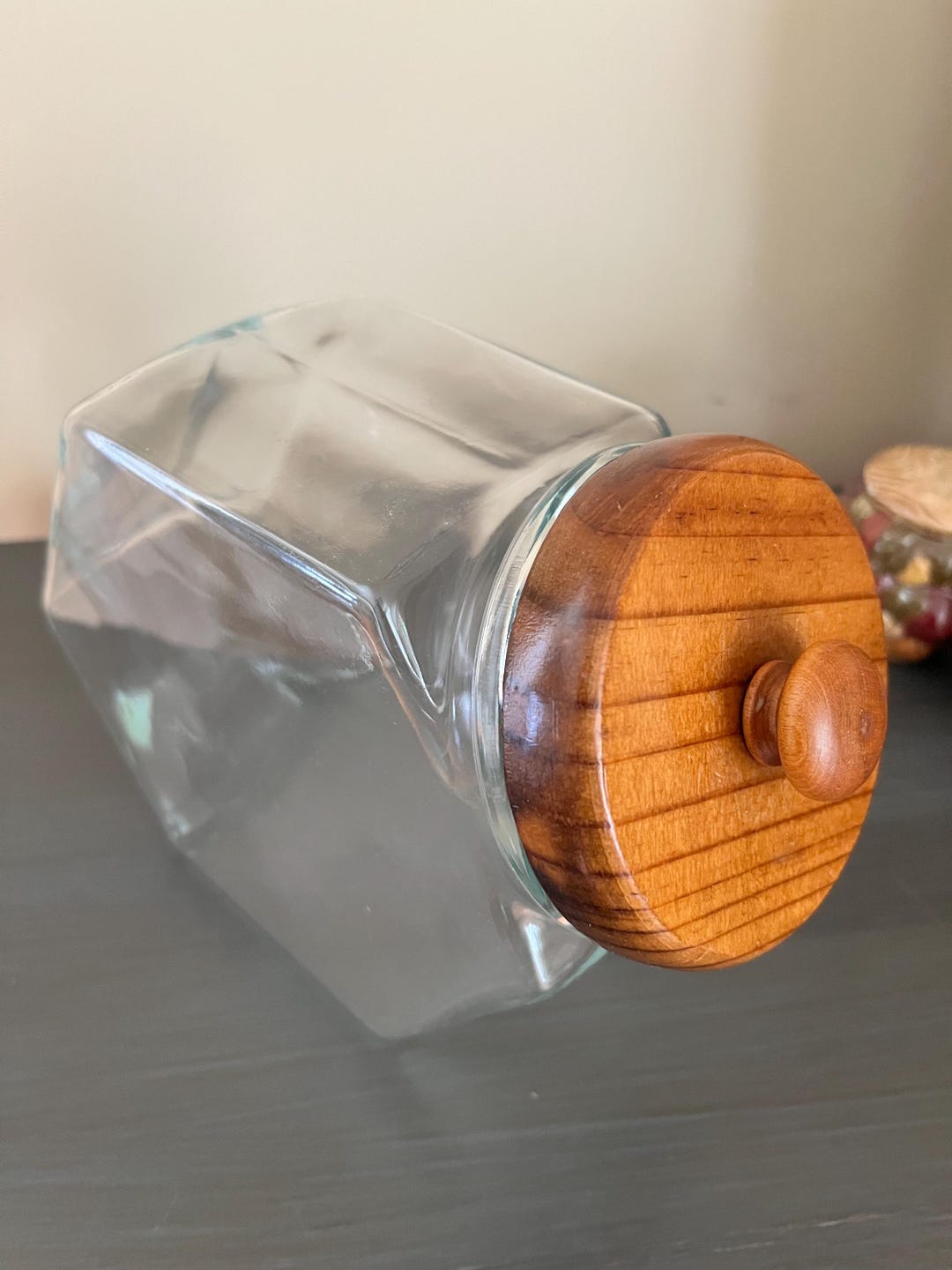 vintage-glass-hexagon-shaped-canister-jar-with-wood-lid-etsy