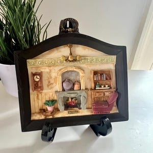 Vintage 3D Handpainted Resin Picture of Cozy Cottage, Framed