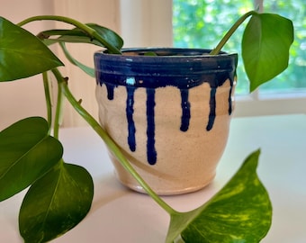 Handmade Stoneware Pottery Planter, Blue Drip Design, Vintage