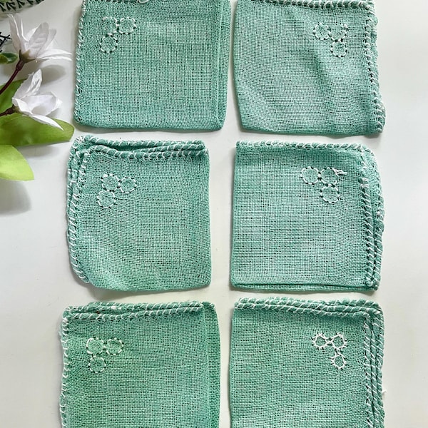 Set of 6 Linen Hand-Stitched Handkerchiefs or Cocktail Napkins, Vintage