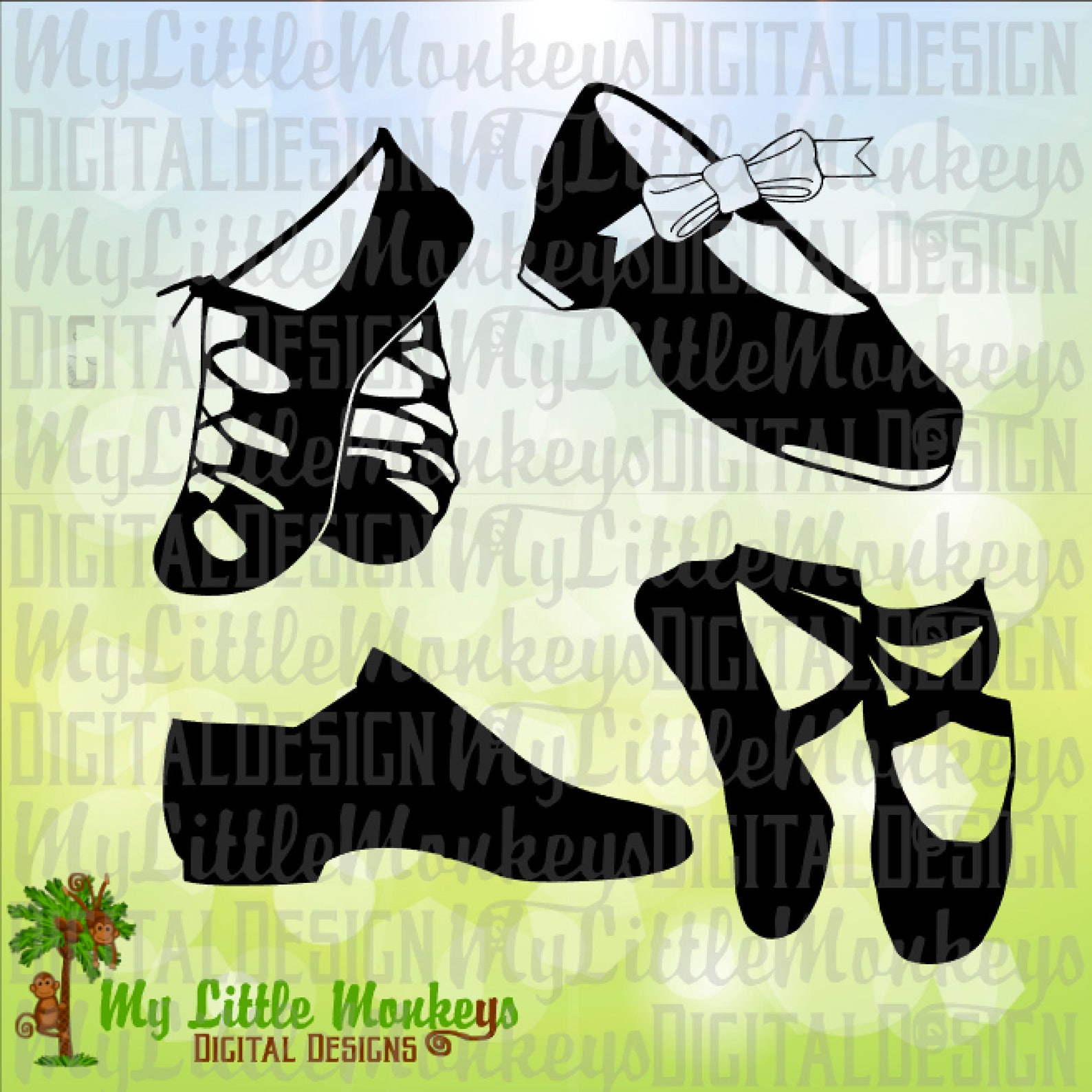 irish dance, tap, jazz and ballet dance shoes silhouette designs commercial use svg cut file and clipart instant download