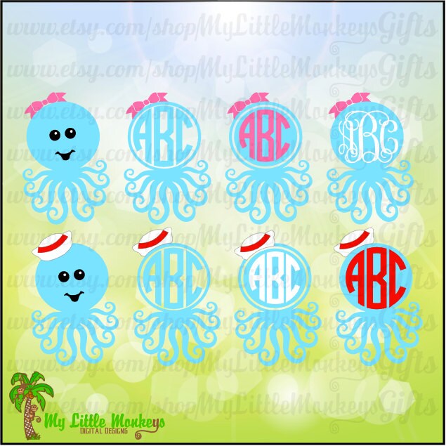 Download Monogram Octopus With Bow Or Sailor Hat Monogram Base Designs Etsy