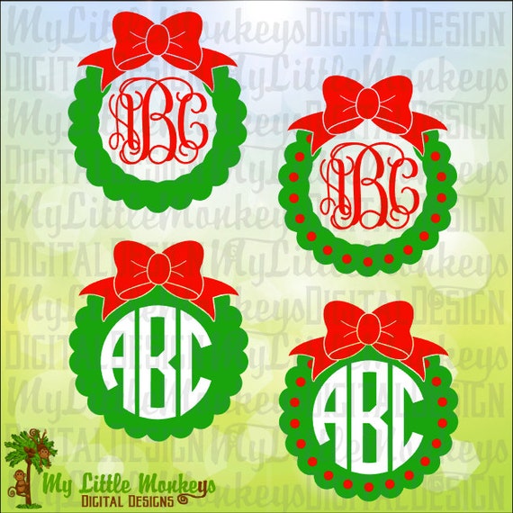 Download Christmas Scallop Wreath Ornament Bow Monogram Base Etsy