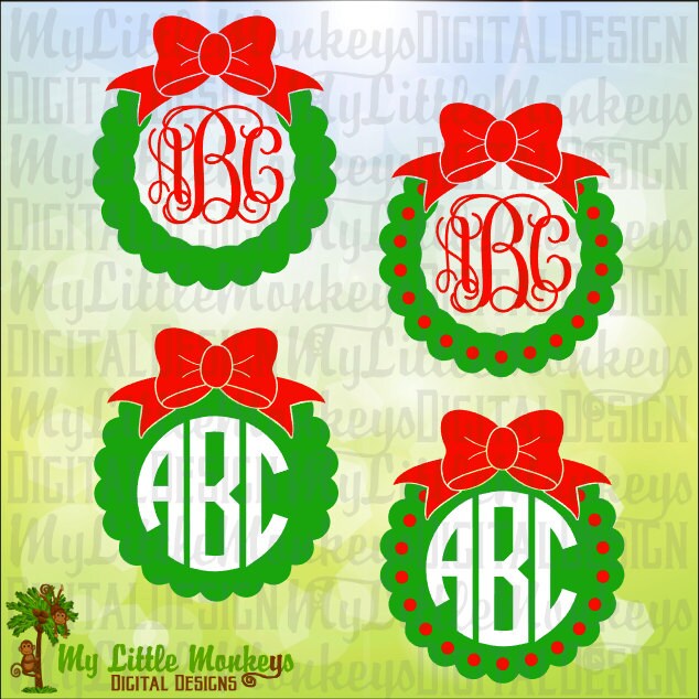Christmas Scallop Wreath Ornament Bow Monogram Base Etsy
