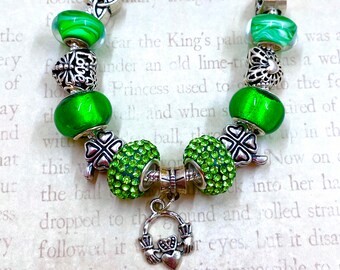 NEW!!!  "Claddagh" ~ Ladies Green Pandora Style Charm Bracelet ~ Murano Glass Beads, Shamrock Beads, Green Claddaugh Charm!