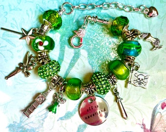 Green Peter Pan Tinkerbell Pandora Style Charm Bracelet ~ Murano Glass Beads, Tinkerbell Dress Charm, Fairy Wand, Pirate, Mermaid, Big Ben