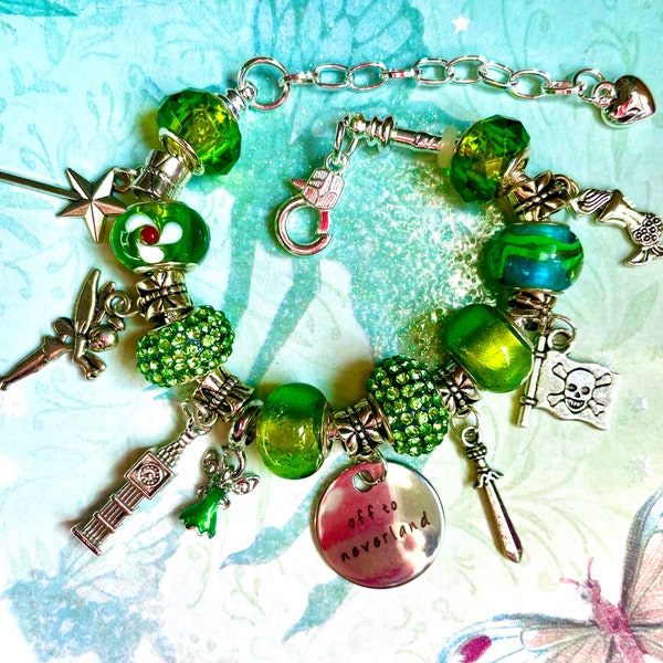 Green Peter Pan Tinkerbell Pandora Style Charm Bracelet ~ Murano Glass Beads, Tinkerbell Dress Charm, Fairy Wand, Pirate, Mermaid, Big Ben