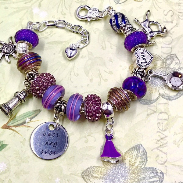 Ladies “Tangled 2" Purple Pandora Style Charm Bracelet ~ Lampwork Glass, Rapunzel Dress Charm, Frying Pan, Tower Charm, Princesses